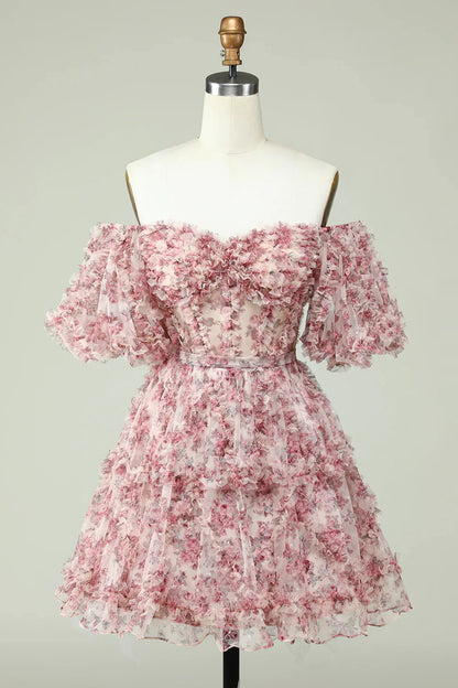 Vestido de fiesta de graduación con hombros descubiertos, diseño floral, corte A y capas, TP3652