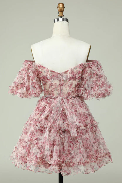 Vestido de fiesta de graduación con hombros descubiertos, diseño floral, corte A y capas, TP3652
