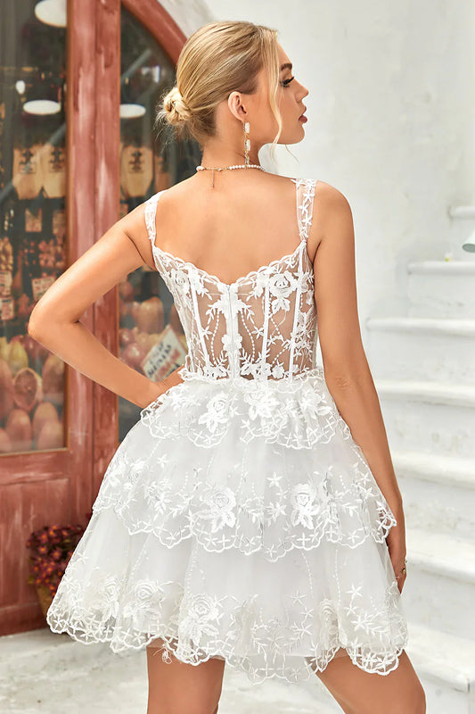 Charming Off-the-shoulder White Lace Corset Design A-line Homecoming Dress TP3647