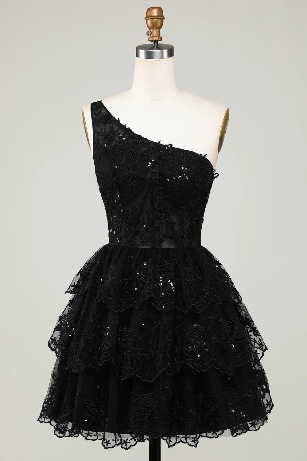 Gorgeous Black One-shoulder Appliques Tulle Design A-line Homecoming Dress TP3632