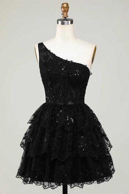 Gorgeous Black One-shoulder Appliques Tulle Design A-line Homecoming Dress TP3632
