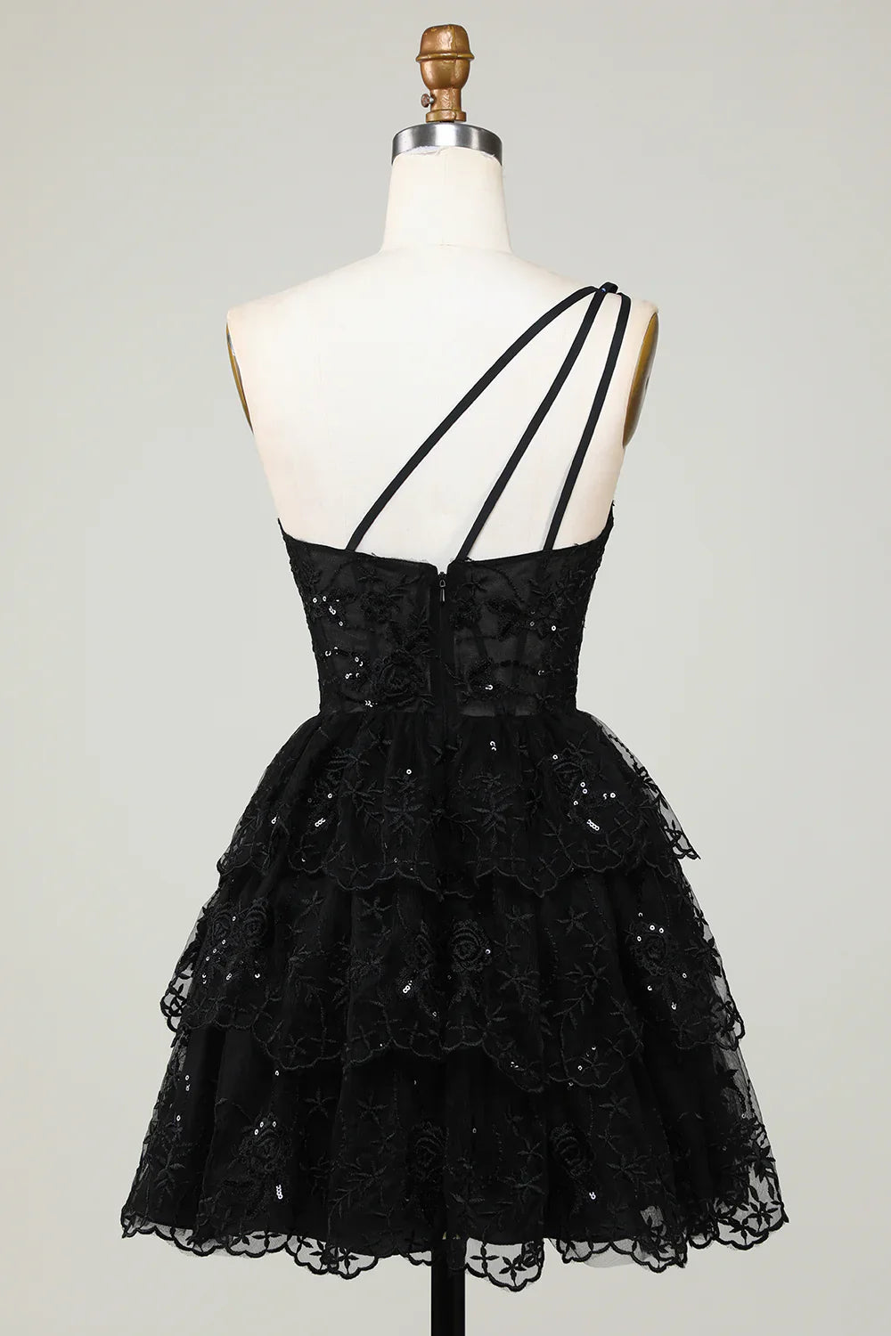 Gorgeous Black One-shoulder Appliques Tulle Design A-line Homecoming Dress TP3632