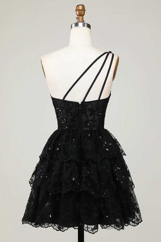 Hermoso vestido de fiesta de tul negro con apliques de un solo hombro, corte A, TP3632