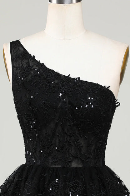 Gorgeous Black One-shoulder Appliques Tulle Design A-line Homecoming Dress TP3632