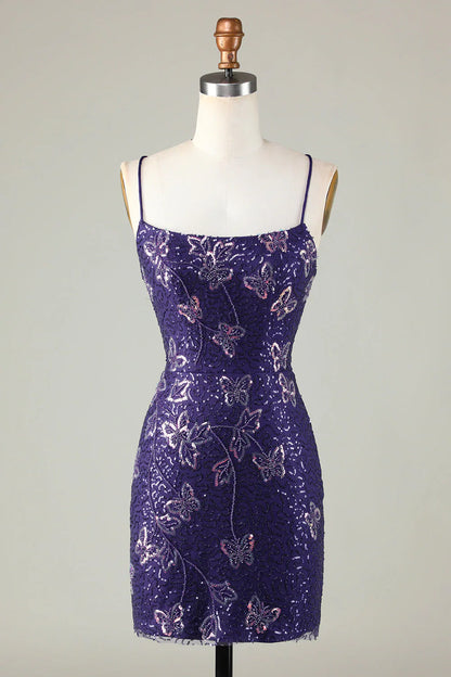 Charming Purple Sequin Design A-line Lace-up Spaghetti Strap Homecoming Dress TP3630