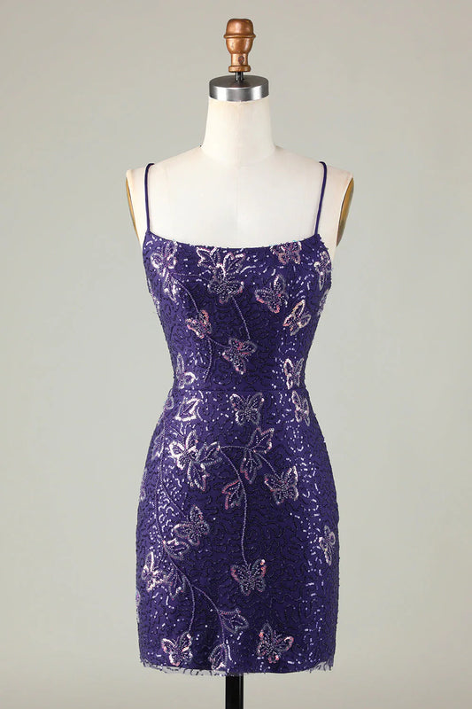 Vestido de fiesta con tirantes finos, corte A y diseño de lentejuelas moradas, encantador, TP3630
