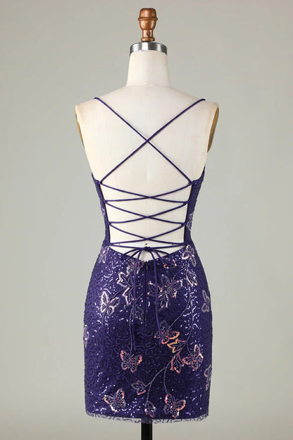 Charming Purple Sequin Design A-line Lace-up Spaghetti Strap Homecoming Dress TP3630