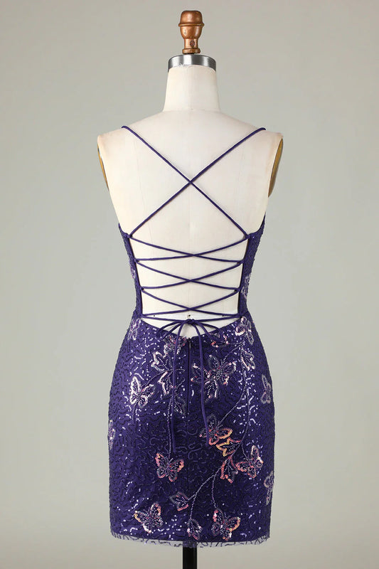 Vestido de fiesta con tirantes finos, corte A y diseño de lentejuelas moradas, encantador, TP3630