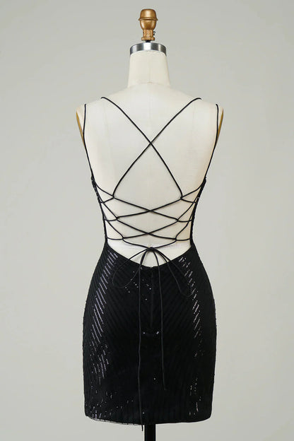 Vestido de fiesta con diseño de mariposa y lentejuelas negras, corte A, tirantes finos y cordones, TP3631