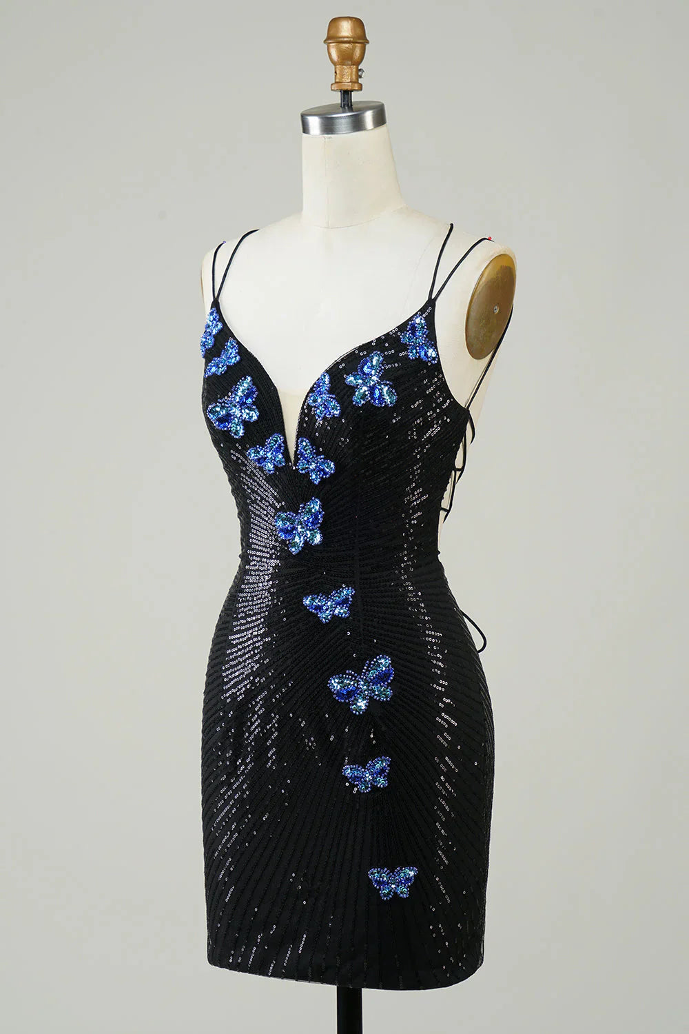 Vestido de fiesta con diseño de mariposa y lentejuelas negras, corte A, tirantes finos y cordones, TP3631