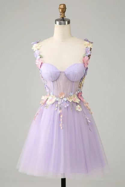 Gorgeous Light Purple 3D Flowers Tulle Design A-line Homecoming Dress TP3633