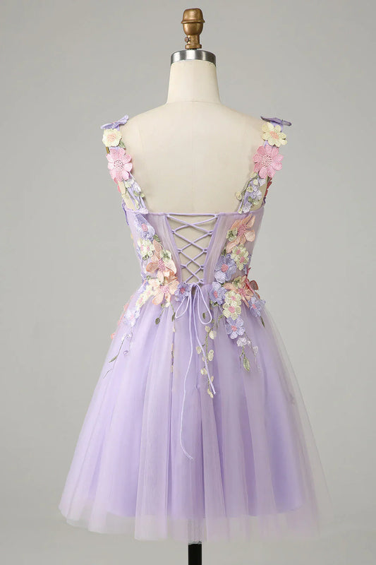 Hermoso vestido de fiesta de tul con diseño de flores 3D en color morado claro, corte A, TP3633