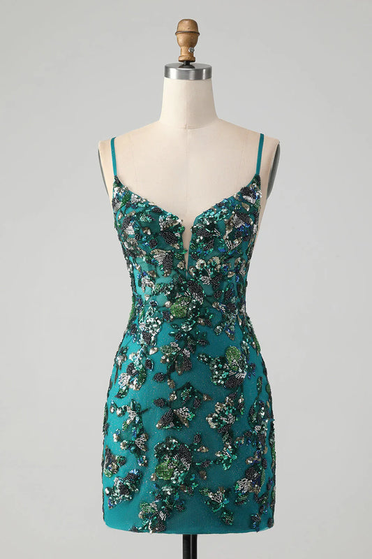 Charming Dark Green Beading Sequins Bodycon Design A-line Lace-up Homecoming Dress TP3648