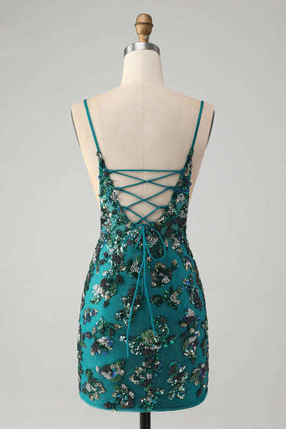 Charming Dark Green Beading Sequins Bodycon Design A-line Lace-up Homecoming Dress TP3648