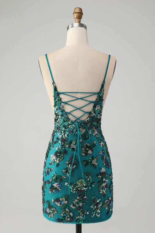 Charming Dark Green Beading Sequins Bodycon Design A-line Lace-up Homecoming Dress TP3648