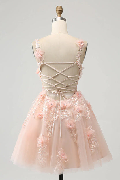 Fashion Blush Sequin 3D Flower Design A-line V-neck Homecoming Dress TP3404