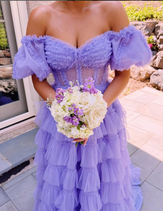 Stunning A Line Off the Shoulder Corset Tiered Purple Tulle Prom Dress Evening Dress SH2319