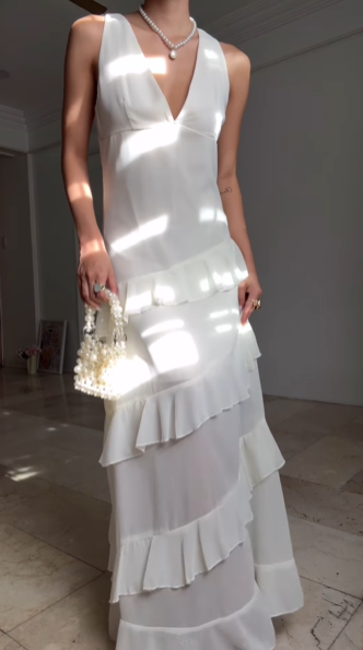 Vestido de fiesta informal de gasa con cuello en V y volantes, sin espalda, largo y formal