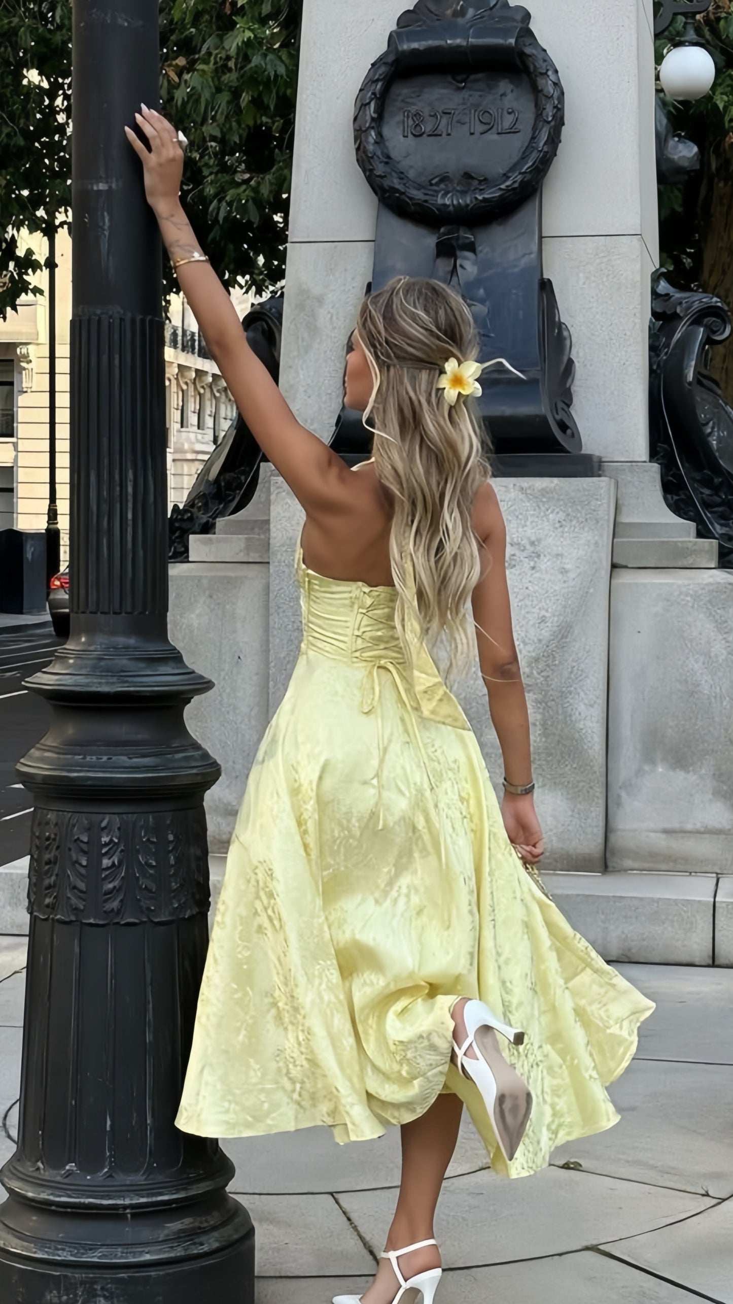 Yellow Halter Floral Print Party Dress, Tea Length Prom Dress,AST1756