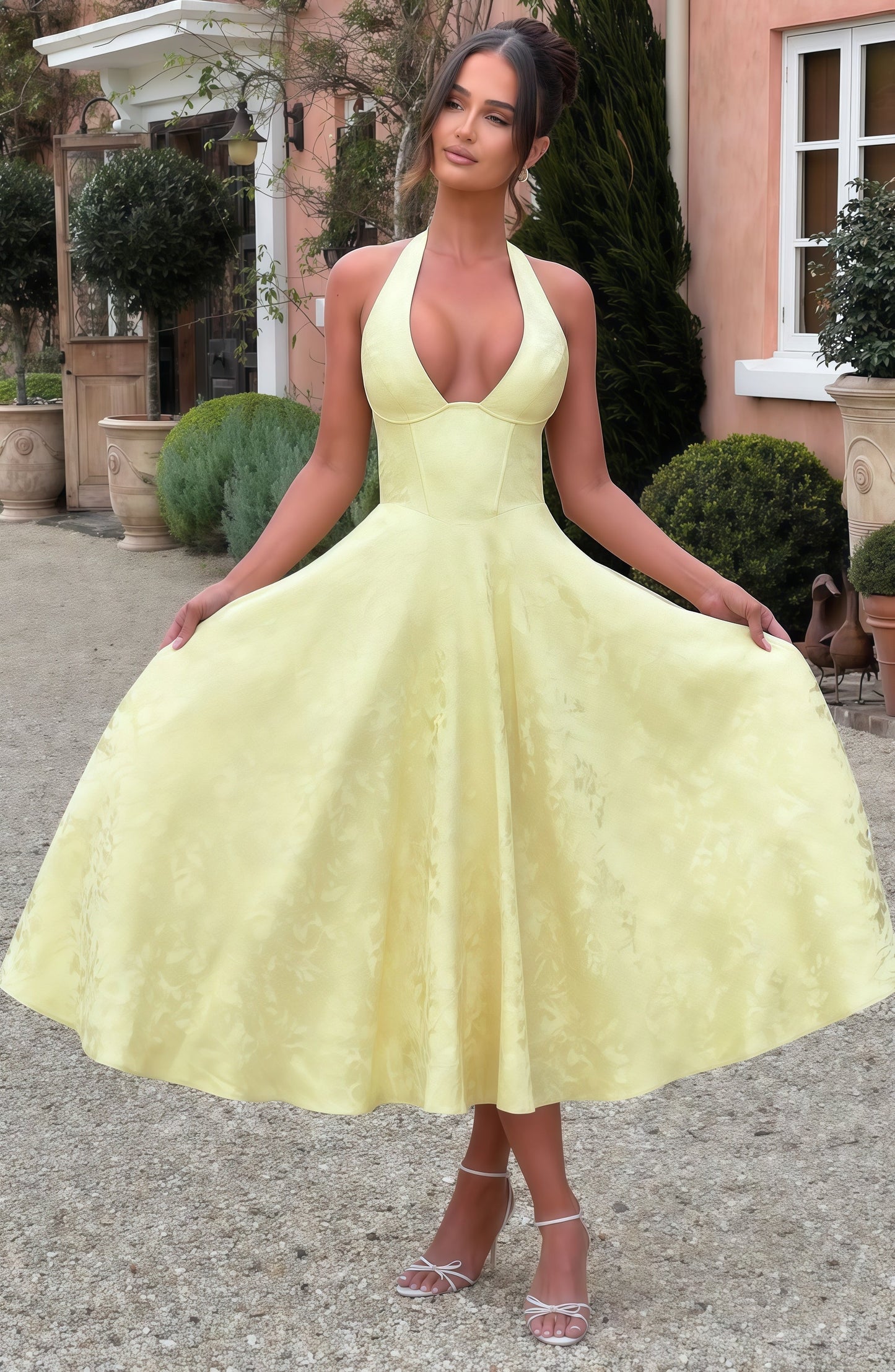 Yellow Halter Floral Print Party Dress, Tea Length Prom Dress,AST1756
