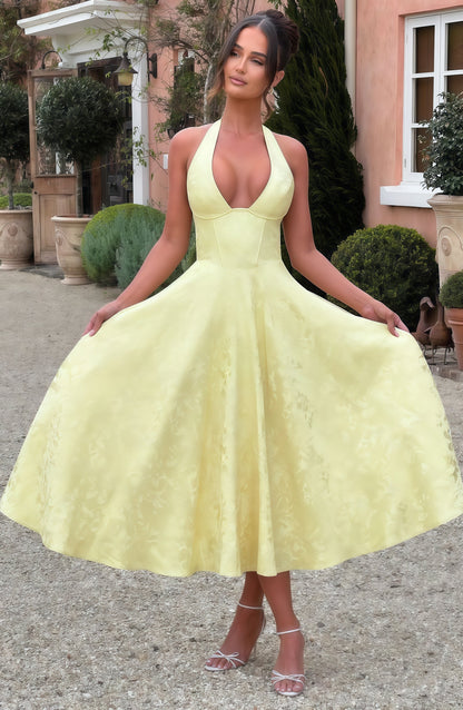 Yellow Halter Floral Print Party Dress, Tea Length Prom Dress,AST1756