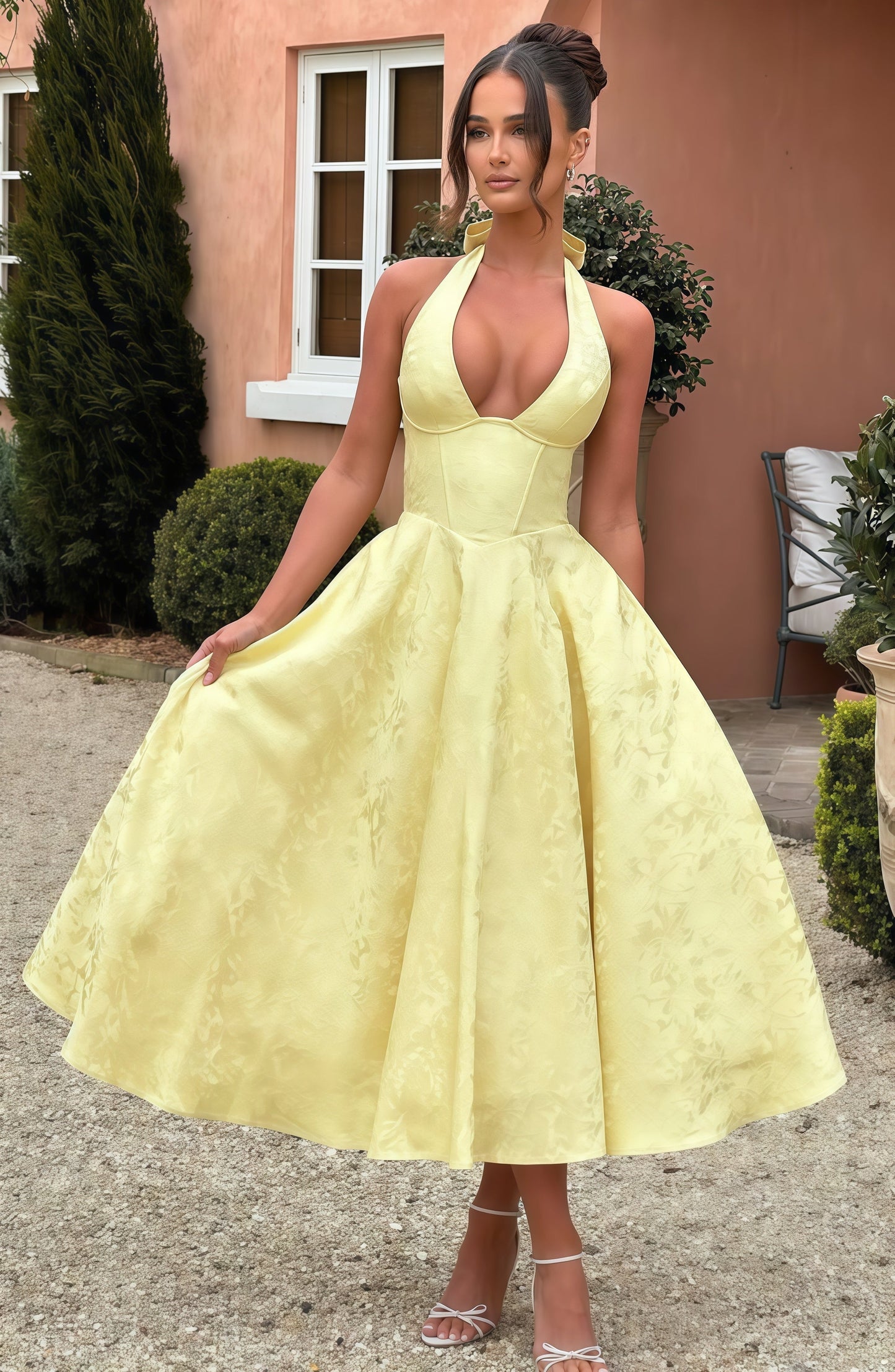 Yellow Halter Floral Print Party Dress, Tea Length Prom Dress,AST1756