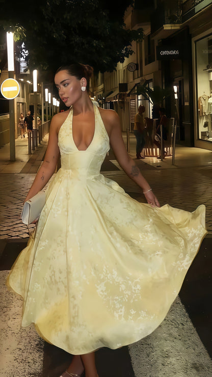 Yellow Halter Floral Print Party Dress, Tea Length Prom Dress,AST1756