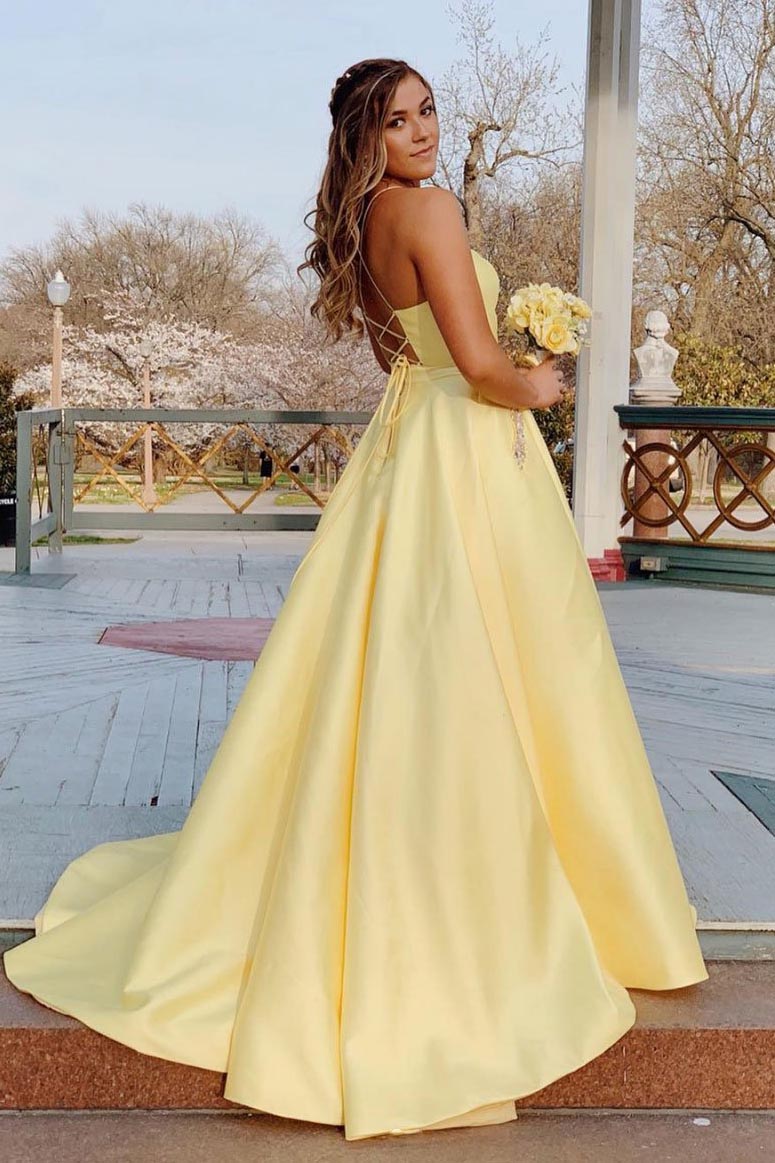 Yellow Long Prom Dress With Beaded Pockets, Backless Evening Dress GP57