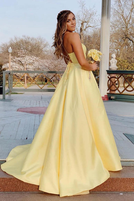 Yellow Long Prom Dress With Beaded Pockets, Backless Evening Dress GP57