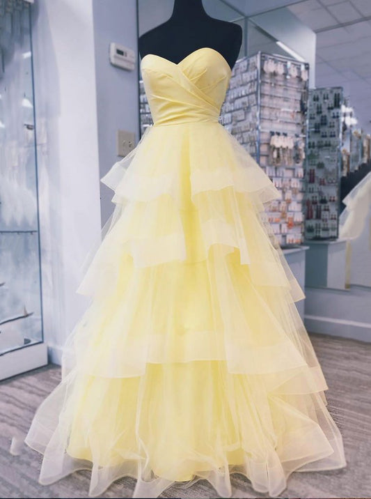 Yellow Sweetheart Tulle Long Prom Dress With Layered Graduation Gown GP63