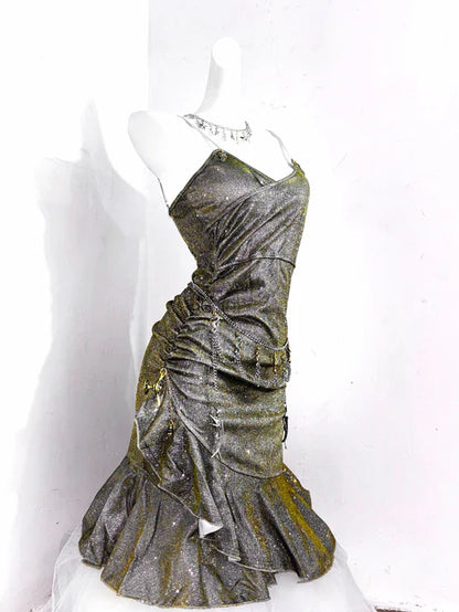 Vintage Green Spaghetti Strap Ruffled Hem Hem Short 16th Birthday Party Dress Homecoming Dress TP4038