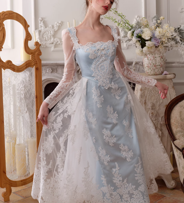 Gentle Baby Blue Satin White Lace Long Sleeve Prom Dress Party Dress Birthday Dress SH3754