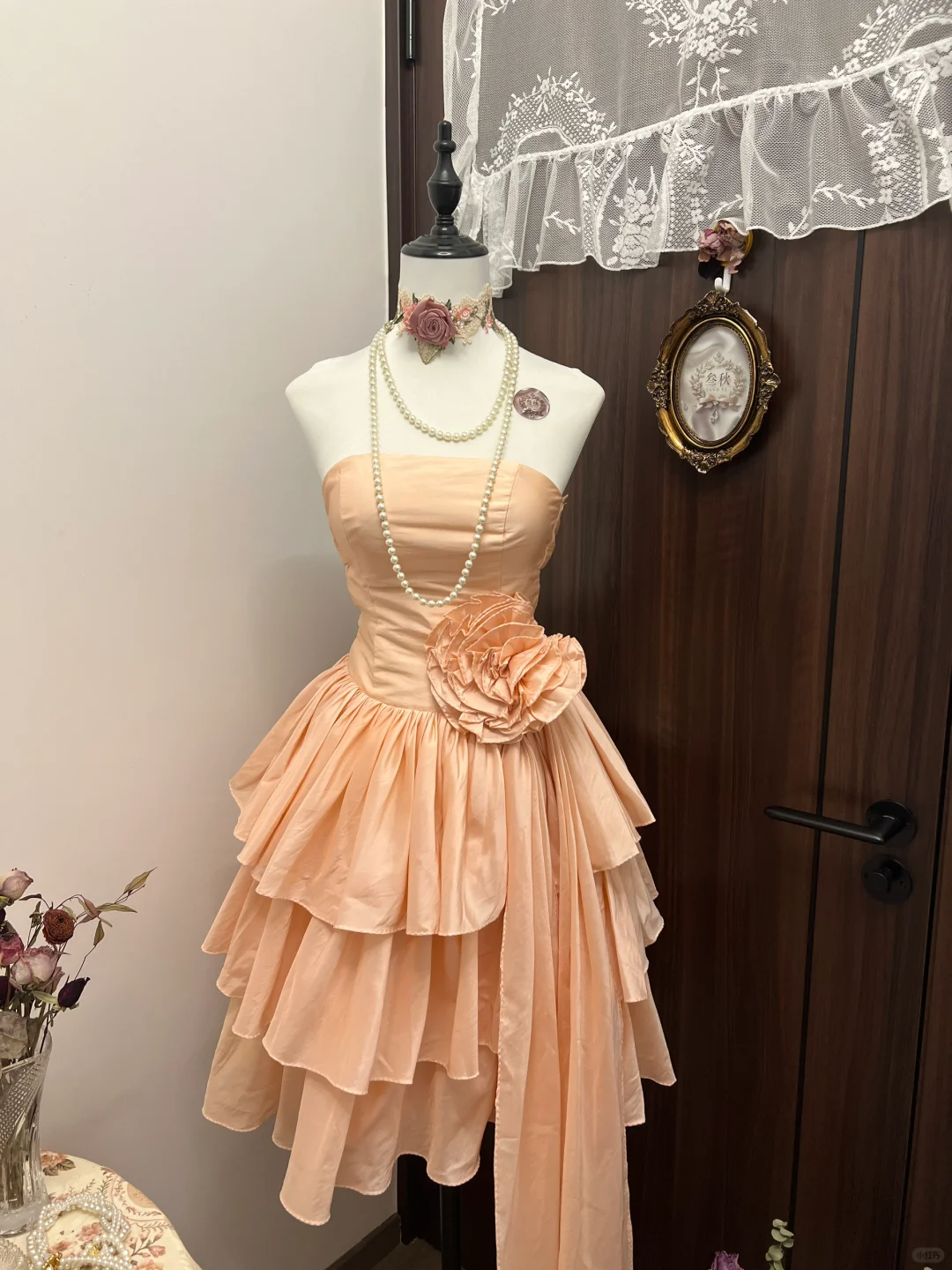 Cute Vintage A Line Strapless Layered Flower Coral Sands Satin Short Homecoming Dress Cocktail Dress SH2986