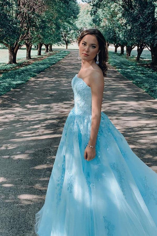 A-line Sky Blue Lace Appliques Strapless Long Prom Dress Graduation Dress GP179
