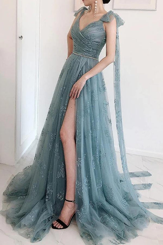 Bow Tie Straps Dusty Blue Prom Dresses A-line Lace Split Formal Dress GP173
