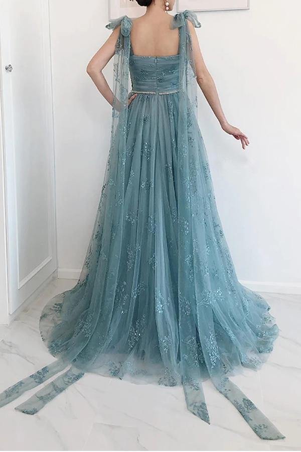 Bow Tie Straps Dusty Blue Prom Dresses A-line Lace Split Formal Dress GP173