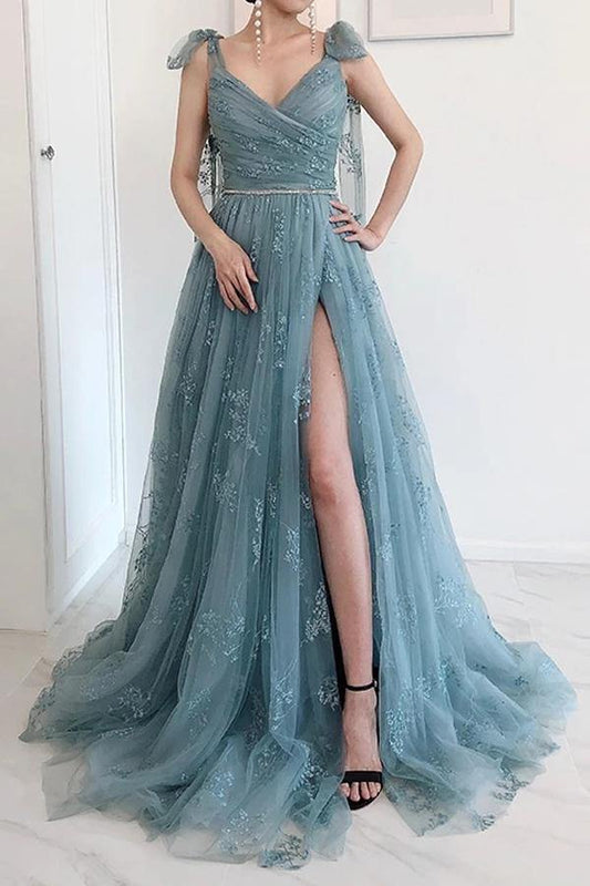 Bow Tie Straps Dusty Blue Prom Dresses A-line Lace Split Formal Dress GP173