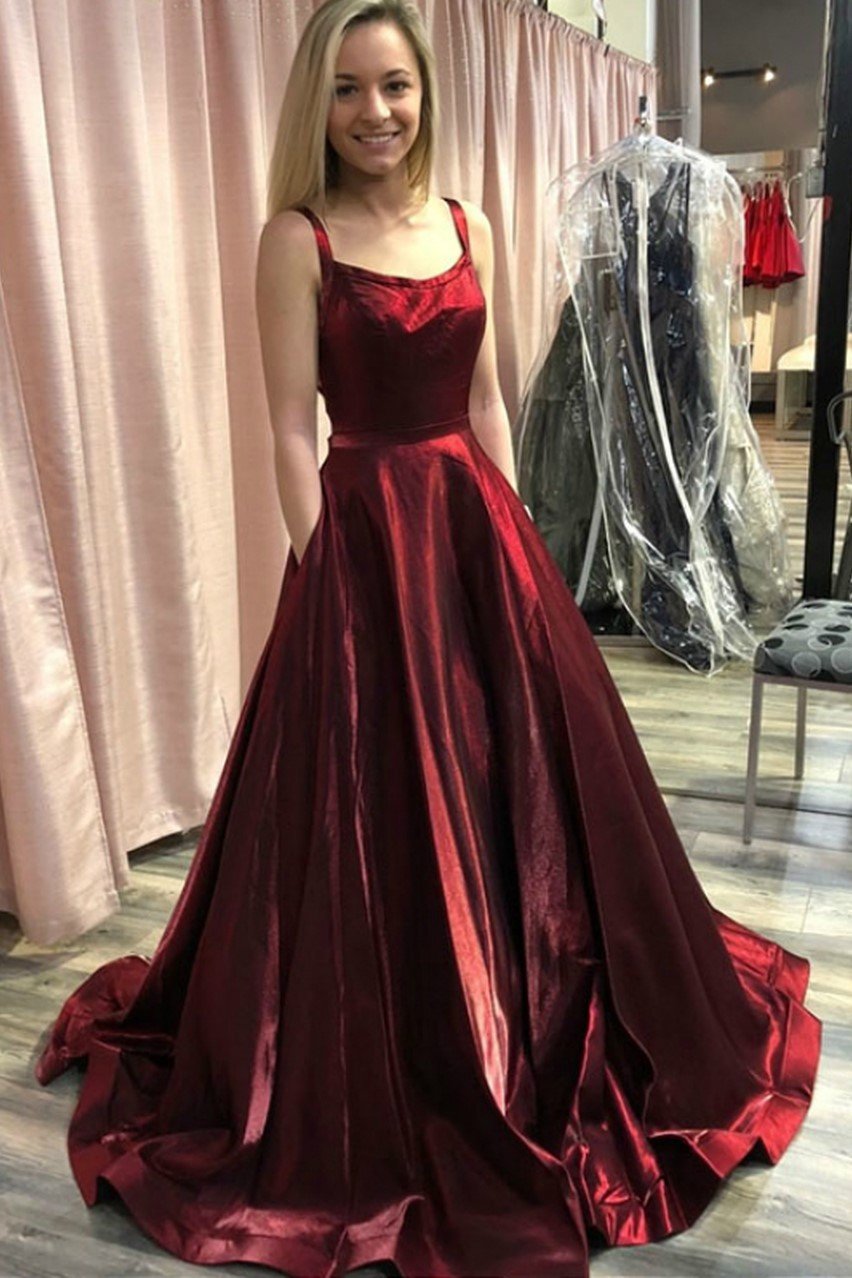 Vestido de fiesta burdeos con corte en A y bolsillos, vestido formal sexy