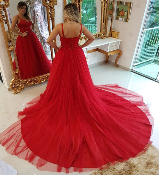Vestido de fiesta de tul rojo con corte A y tirantes dobles, vestido formal con cola larga