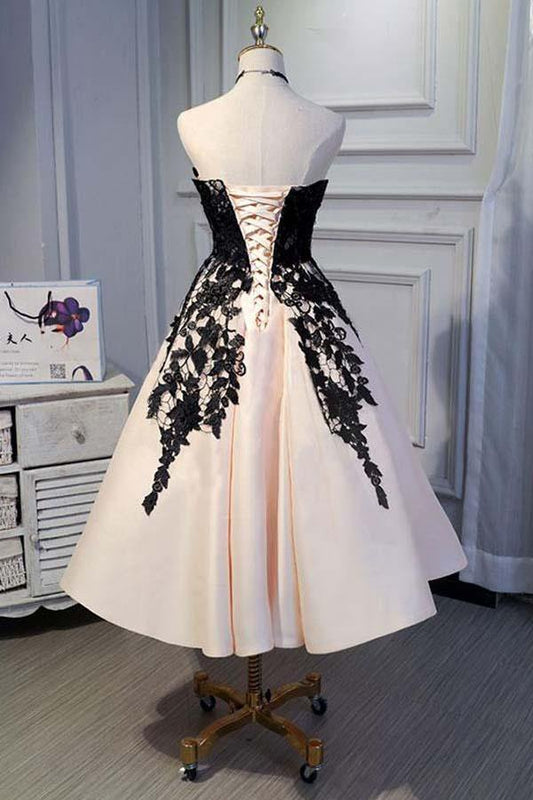 Vestidos de fiesta cortos de satén con corte A, vestido de regreso a casa con encaje negro