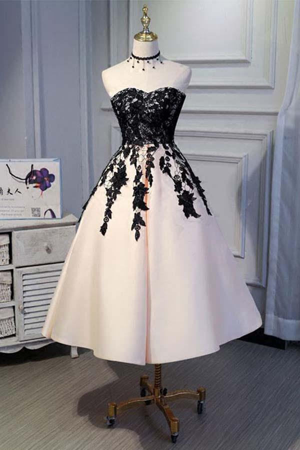 Vestidos de fiesta cortos de satén con corte A, vestido de regreso a casa con encaje negro