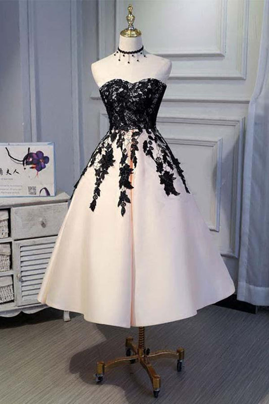 Vestidos de fiesta cortos de satén con corte A, vestido de regreso a casa con encaje negro