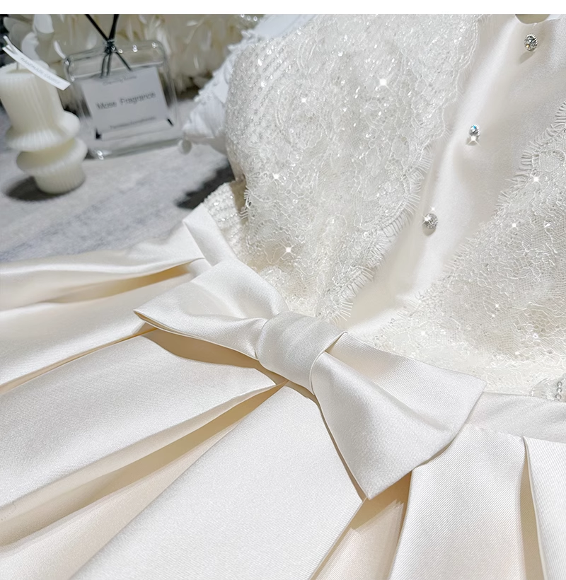 Beautiful Champagne Satin Lace Bow Design A-line Sleeveless Homecoming Dress TP3772