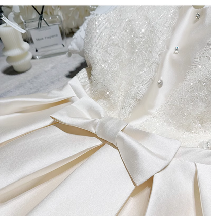 Beautiful Champagne Satin Lace Bow Design A-line Sleeveless Homecoming Dress TP3772