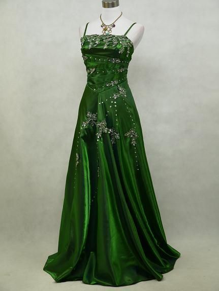 Green vintage elegant delicate floral beaded spaghetti straps long satin princess court style ball gown evening dress gh3704
