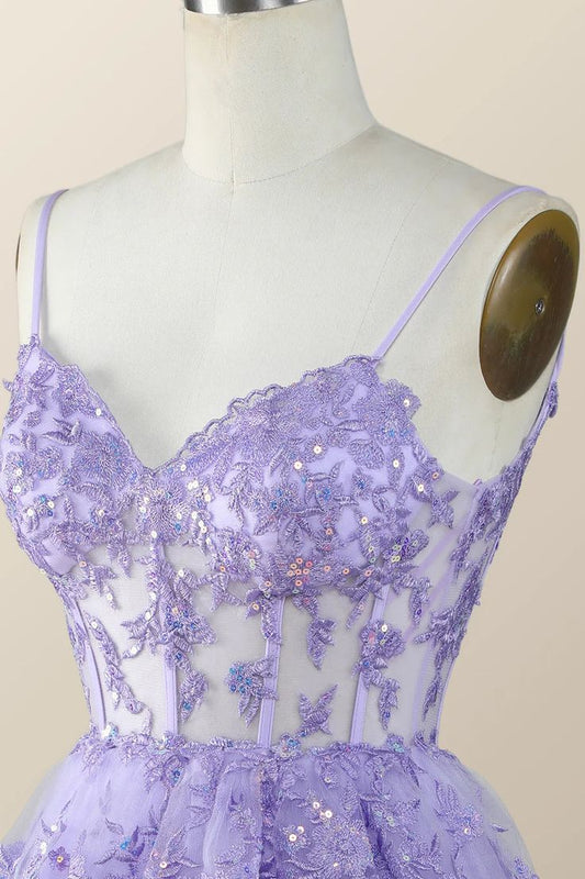 Vintage Purple Sequined Design A-line Spaghetti Strap Tiered Homecoming Dress TP3408