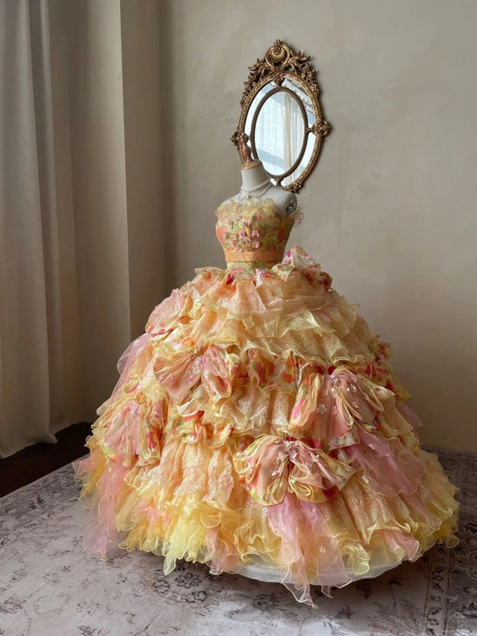 Romantic Yellow Colorful Flower Sweetheart Neck Ball Gown Layered Organza Prom Dress Birthday Dress SH3633