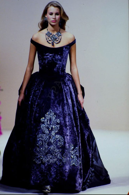 Elegant A Line Off the Shoulder Beaded Purple Velvet Long Party Dress Evening Dress SH2824