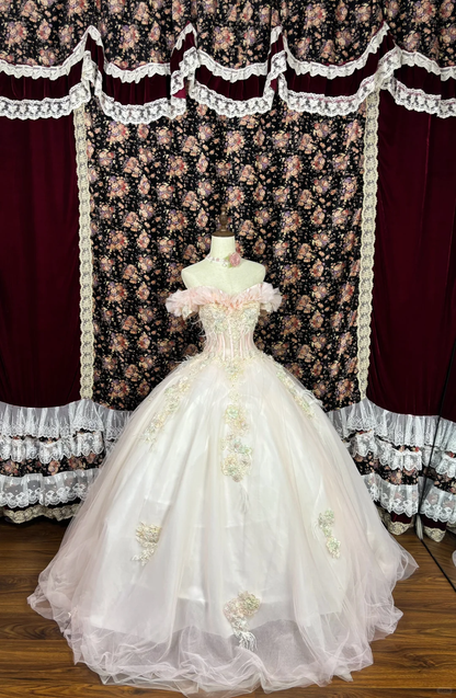 Vestido de noche vintage de quinceañera con escote corazón, hombros descubiertos, tul y cuentas, TP4266