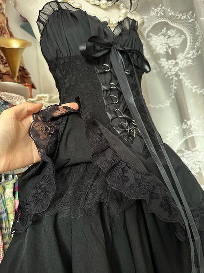 Vestido de fiesta elegante con escote en forma de corazón, estilo vintage, negro, con tirantes finos y capas, TP3537